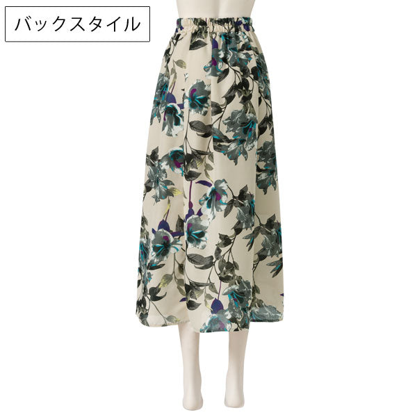 リネンライク花柄フレアマキシスカート