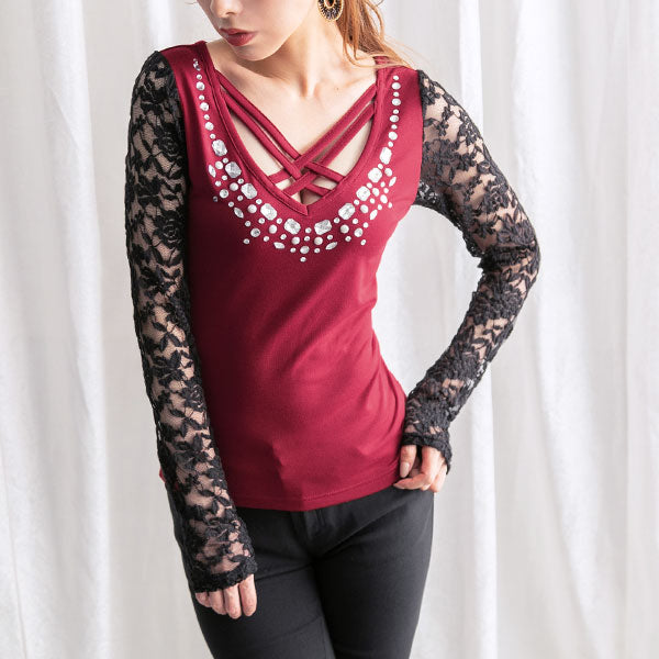 メール便】フロントクロスビジューレーススリーブトップス