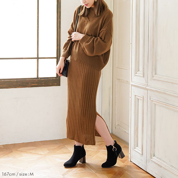 Vネックニット+リブロングニットワンピースセットアップ – レディース