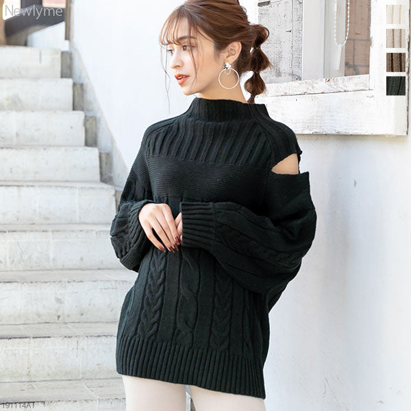 アシメスリットショルダーニットトップス