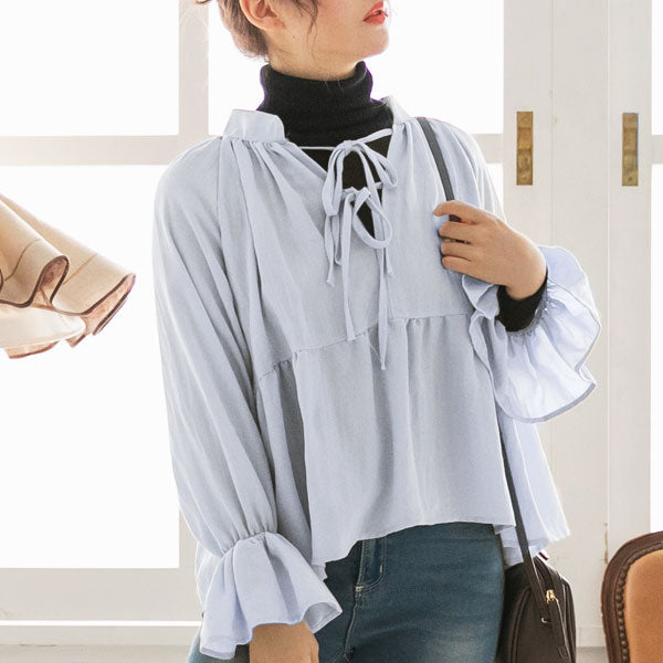 フリルネックキャンディースリーブブラウス　MELUMO フリルネックキャンディースリーブブラウス｜MELUMO