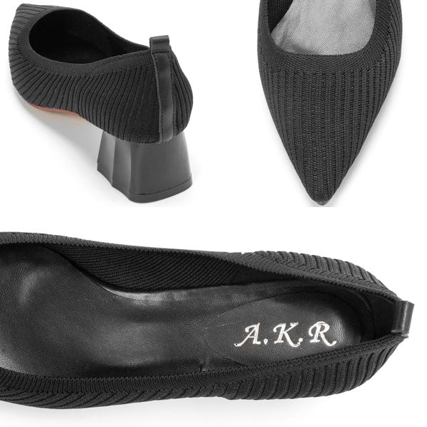 4.5cmチャンキーヒールリブ編みニットポインテッドパンプス