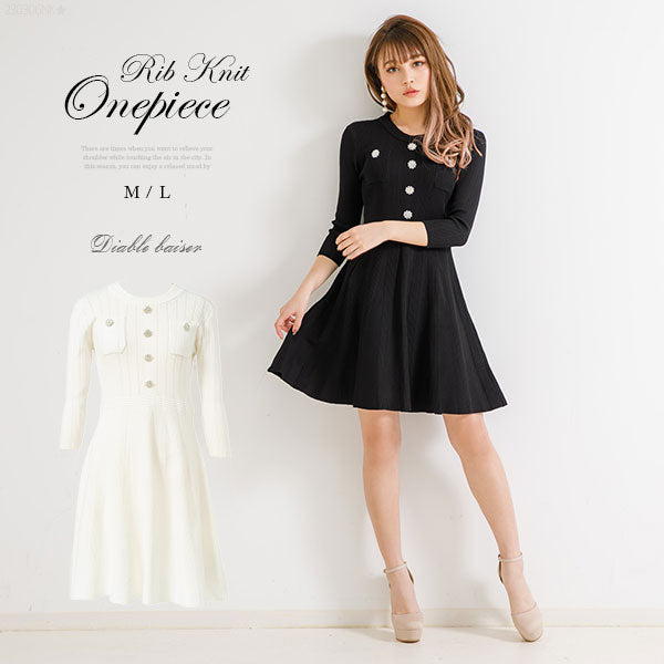 キラキラボタンリブニットフレアワンピ