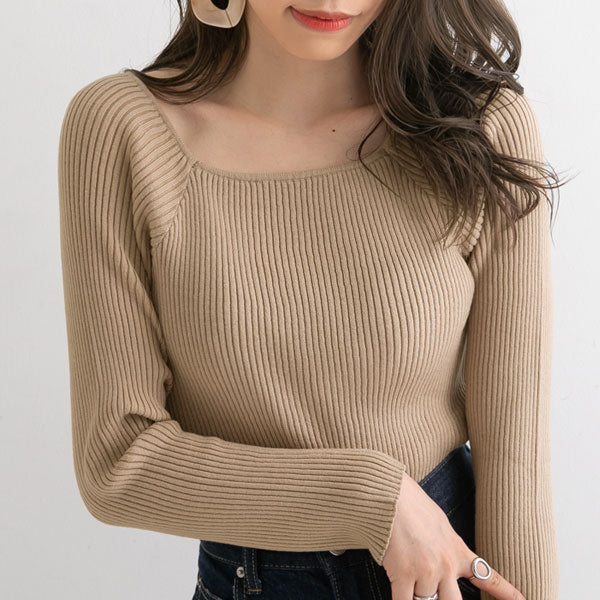 スクエアネックリブニットプルオーバー – レディース