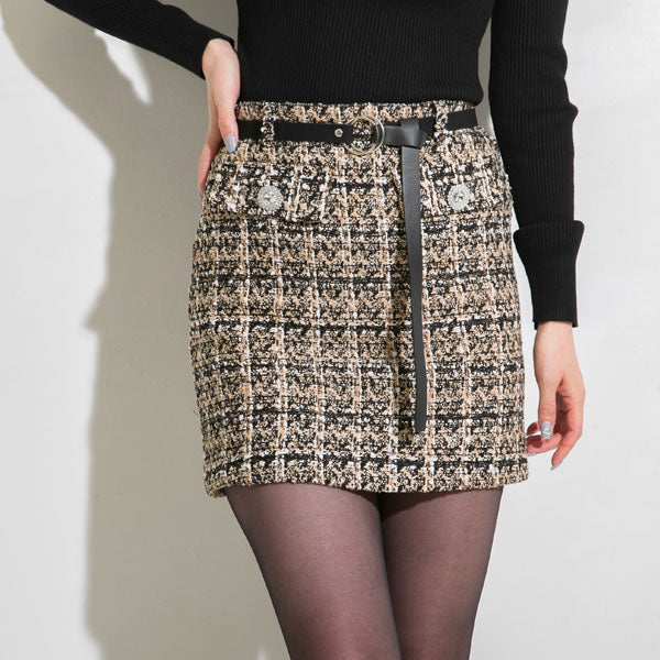 ベルト付きビジューツイードミニスカート – レディースファッション