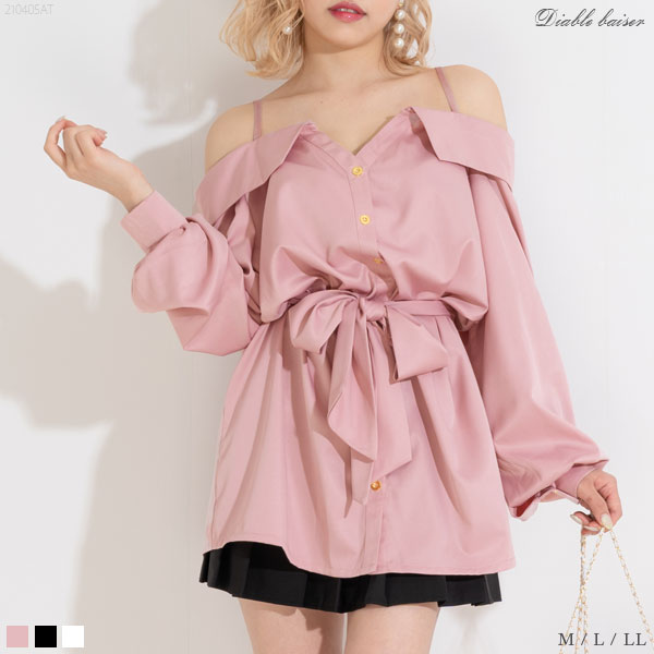 オフショルリボンロマンチックチュニックミニワンピ