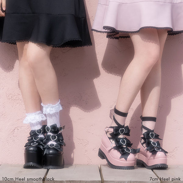 7cmor10cmヒールトリプルハートリボン厚底パンプス – レディース