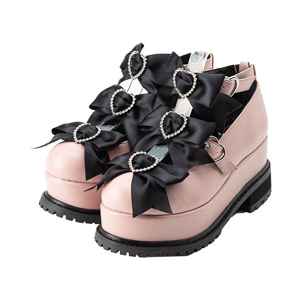 7cmor10cmヒールトリプルハートリボン厚底パンプス – レディース