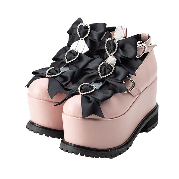 7cmor10cmヒールトリプルハートリボン厚底パンプス – レディース