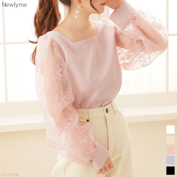 スクエアネックチュール刺繍長袖ブラウス