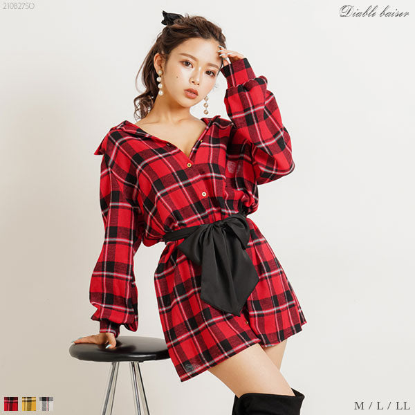 バイカラーリボンチェックシャツワンピース