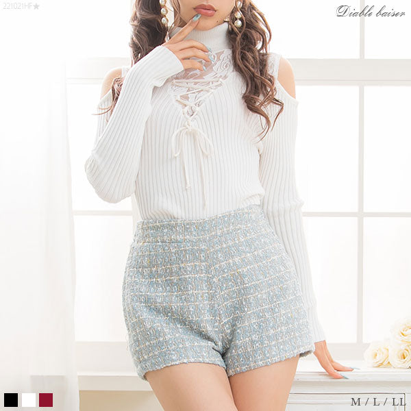 セクシーレースアップタートルニットトップス