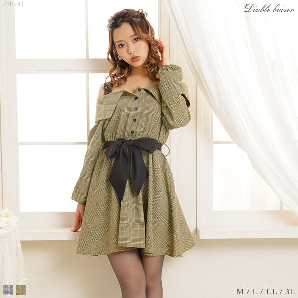 チェックオフショルリボンワンピース