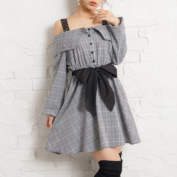 M me eme オフショルリボンチェックワンピース アウトレット 価格レディース - M me eme オフショルリボンチェック