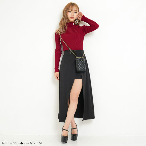 キラキラボタン肩開きリブニットトップス