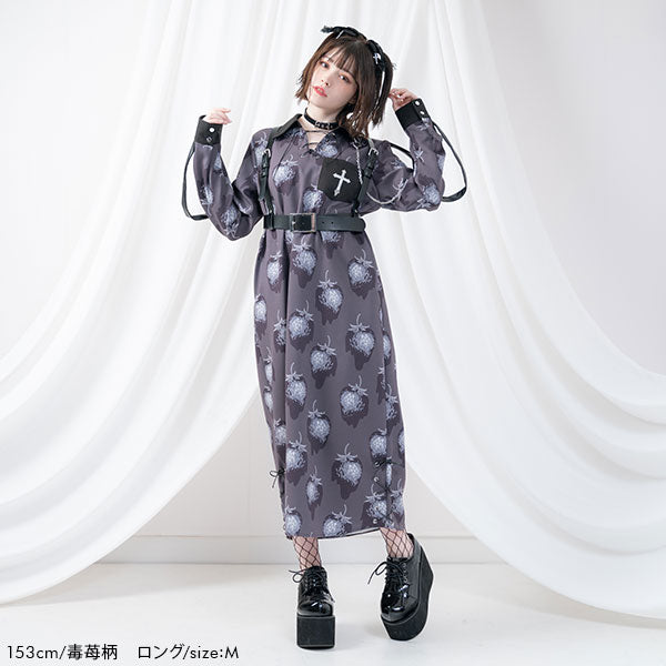 ユメテンボウ 夢展望 レースアップデザインシャツワンピ （毒苺柄 ミニ） レースアップデザインシャツワンピース – レディース