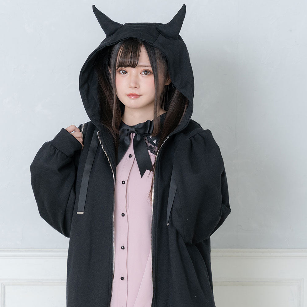 悪魔 羽 ツノ パーカー 肩ジップ黒 デビル DearMyLove 夢展望 長袖 夢展望 DearMyLove 小悪魔ジャージデザインショートパーカー