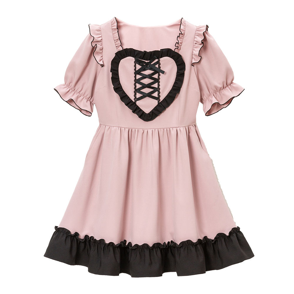 新品　DearMyLove ハートレースアップフリルワンピース　M ピンク ハートレースアップフリルワンピース – レディースファッション