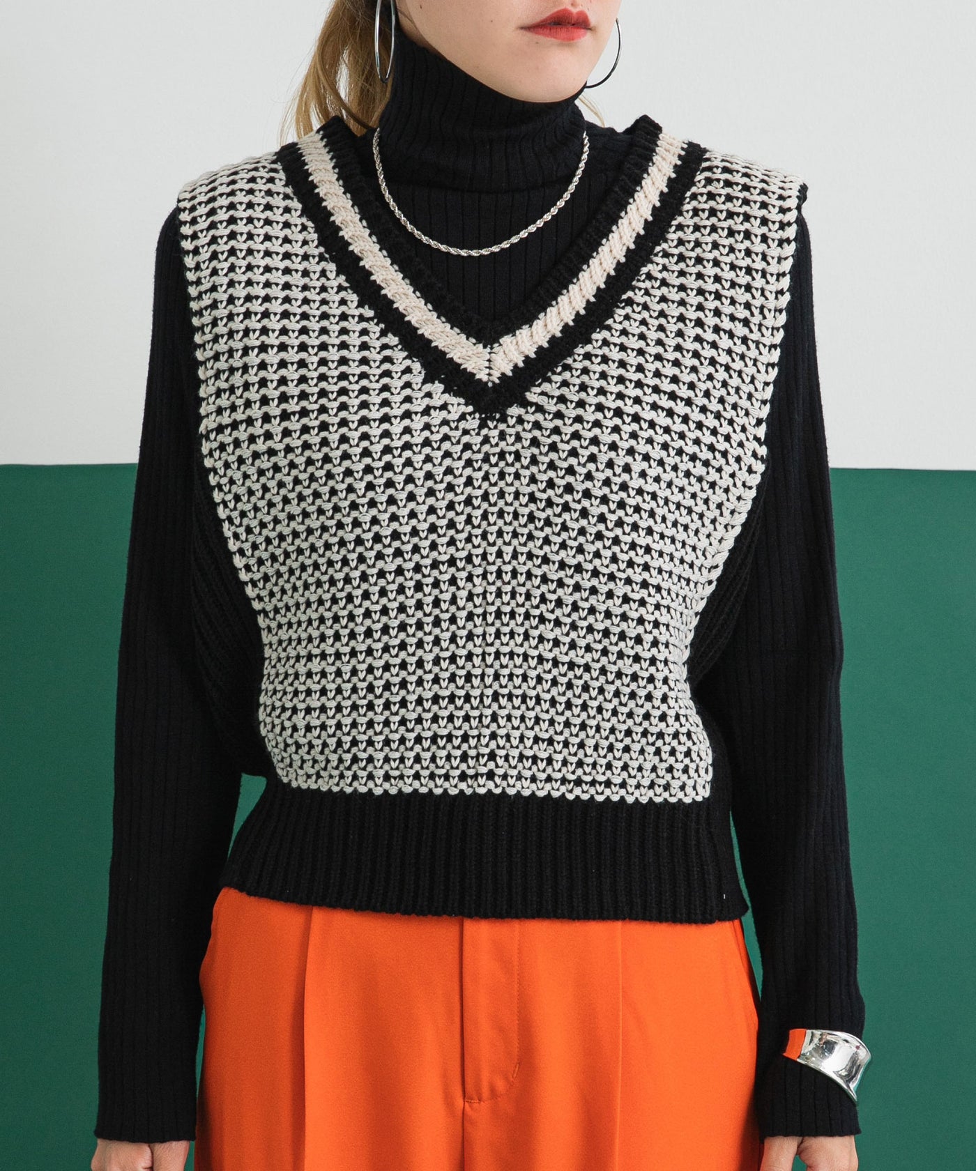 ジャガードバイカラーニットベスト – レディースファッション通販の夢