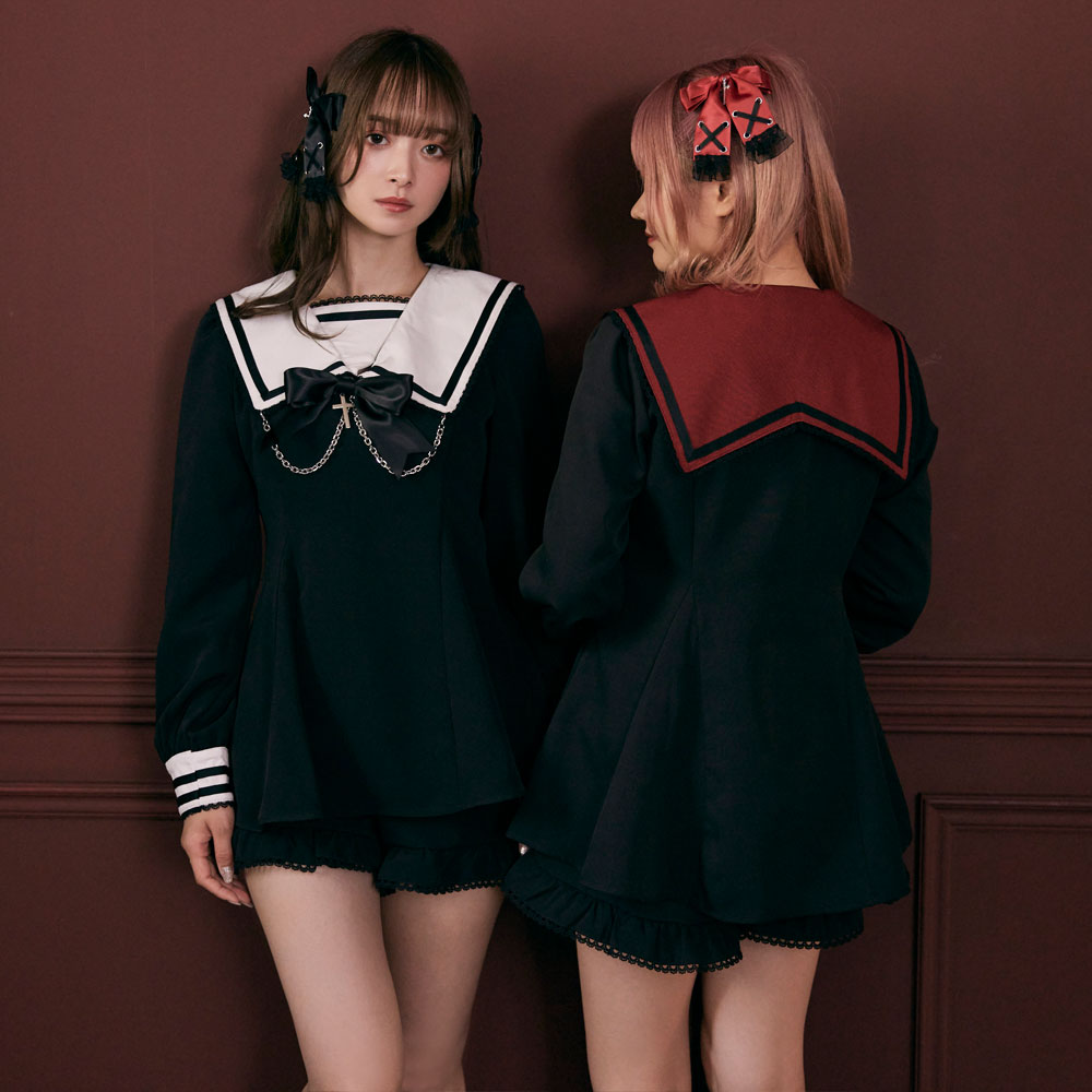 夢展望 セーラーセットアップ セール】【4L~6L】丸襟レースセーラー