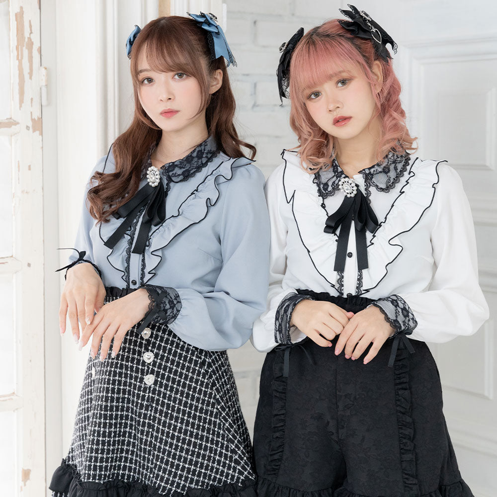 ボリュームフリルブラウス＋レースジップアップチェックサススカート＋ブラックフリルデザインスカート