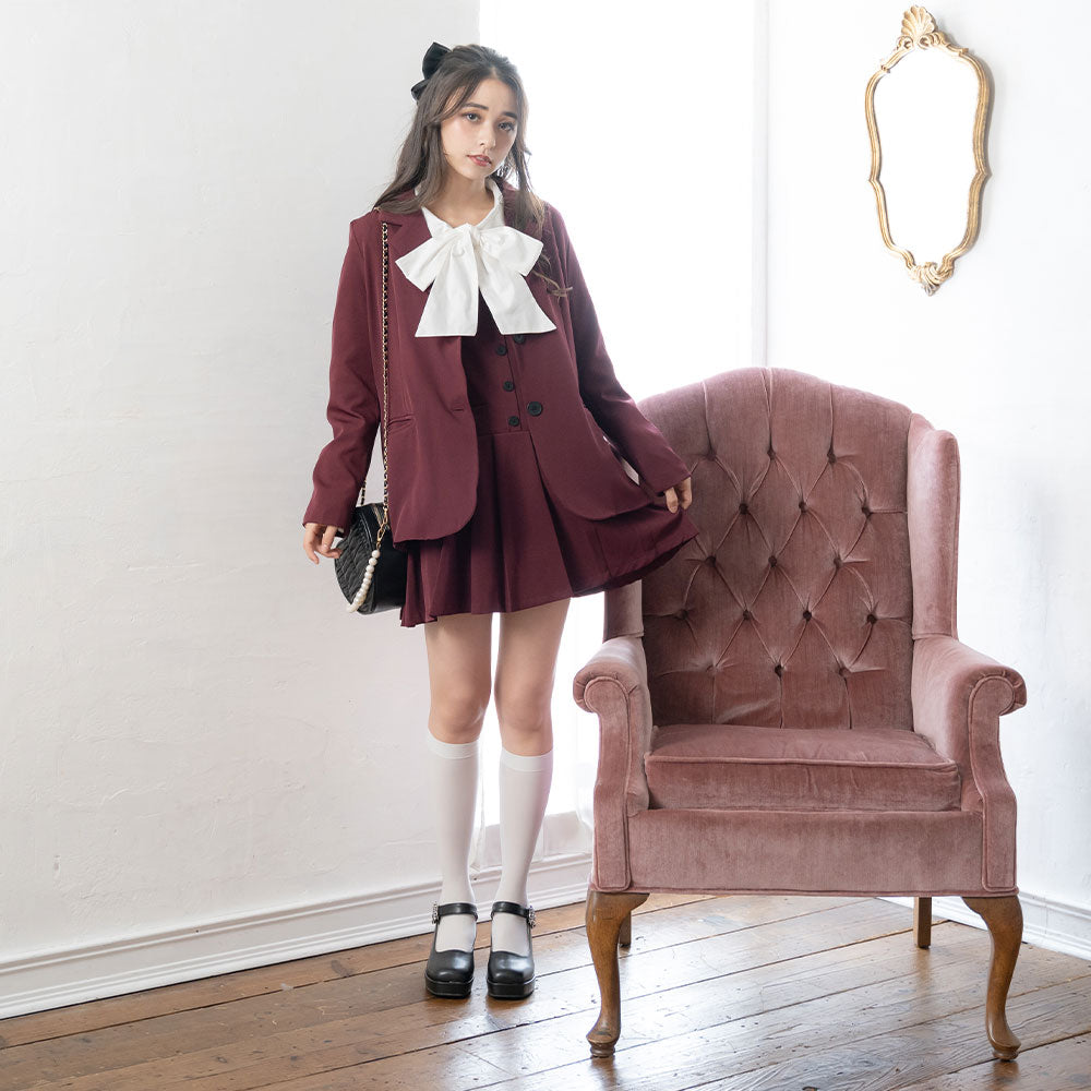 夢展望 ビジュー付きピンク黒プリーツミニワンピース プリーツミニワンピ×ジャケットSETUP – レディースファッション