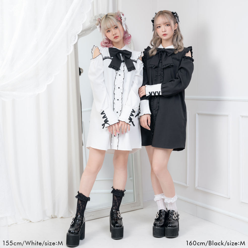 黒のお嬢様のオフショルフリルワンピース