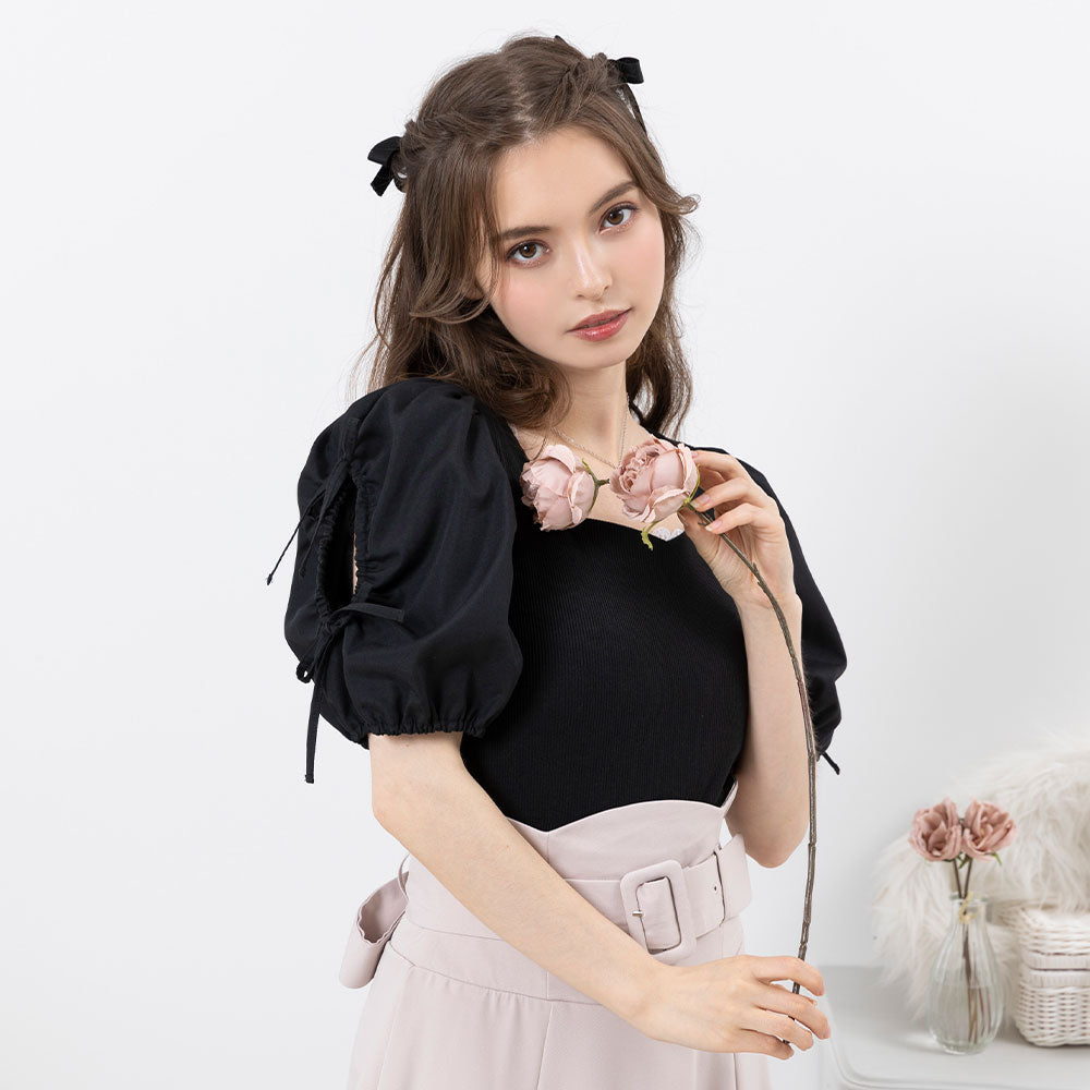 pium♡ダブルリボンメローフリルカットソーチャコール