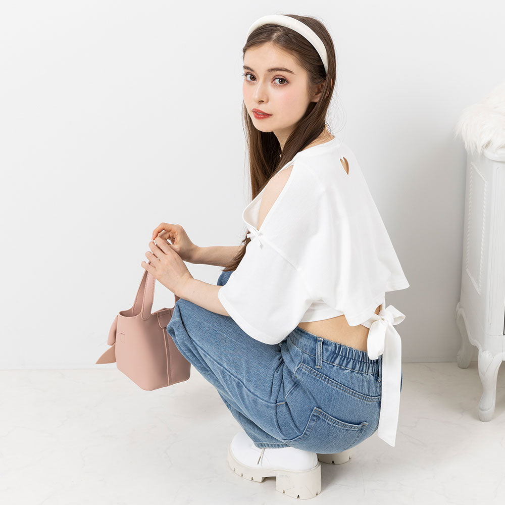 メール便】バックリボンハートカットクロップドカットソー