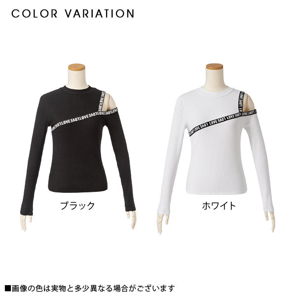 ロゴテープ肩出しハイネックリブトップス【ニット】
