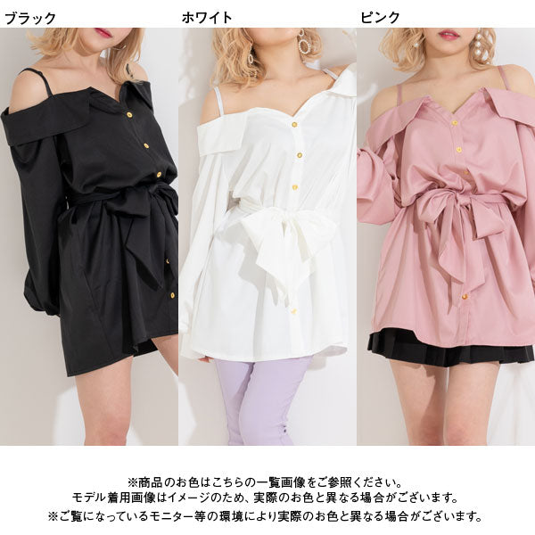 オフショルリボンロマンチックチュニックミニワンピ