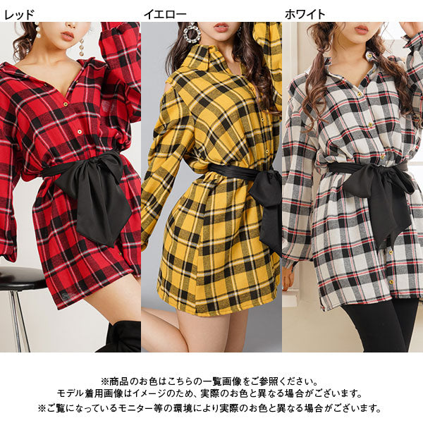 バイカラーリボンチェックシャツワンピース