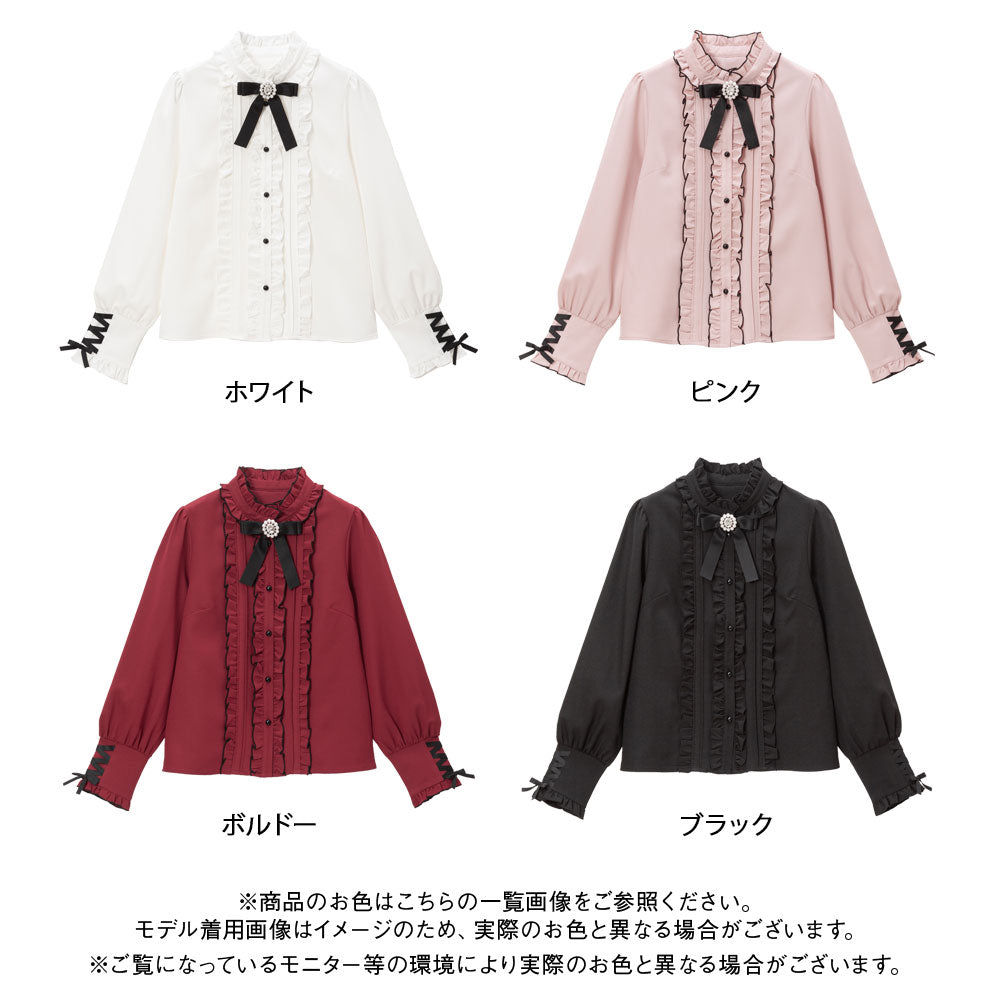 夢展望 ディアマイラブハイネックカフスレース アップブラウス 3L ブラック 夢展望 ディアマイラブハイネックカフスレース アップブラウス